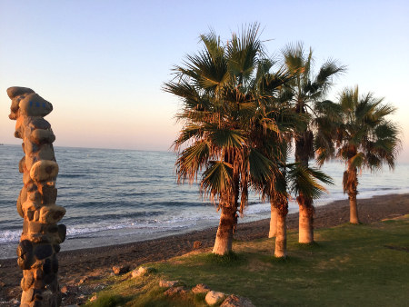 Mittelmeerstrand mit Palmen im Dorf Los Rubios nahe dem Zentrum